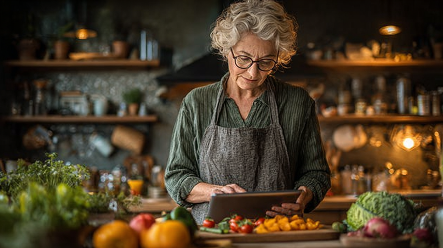 Старша жінка готує здорову їжу на кухні